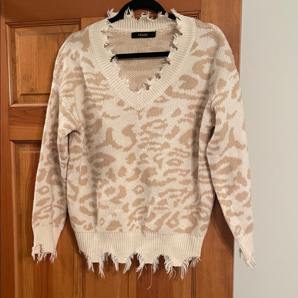 Ecru Women's V-Neck Sweater with Frayed Edges